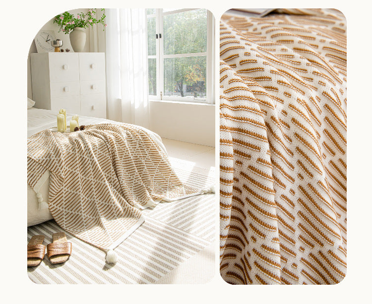 Grey and Beige Diamond Pattern Soft Cozy Knit Throw Blanket with Tassels - Geometric Pattern Lightweight Acrylic Blanket for Sofa Couch Bed, 130x150cm