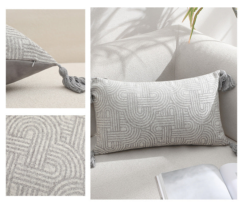 Beige Chic Geometric Jacquard Cushion Covers with Tassels - Set of 2, Plush Blend for Sofa & Bed Decor (45x45cm, Insert Not Included)