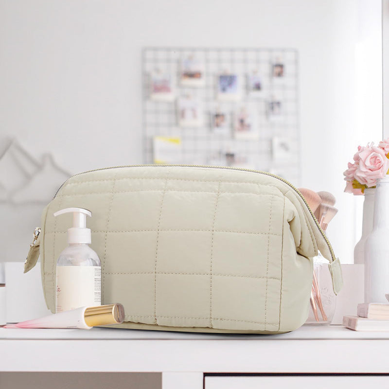 Pink Chic Quilted Puffer Makeup Bag - Large Capacity Travel Cosmetic Organizer with Wide Opening