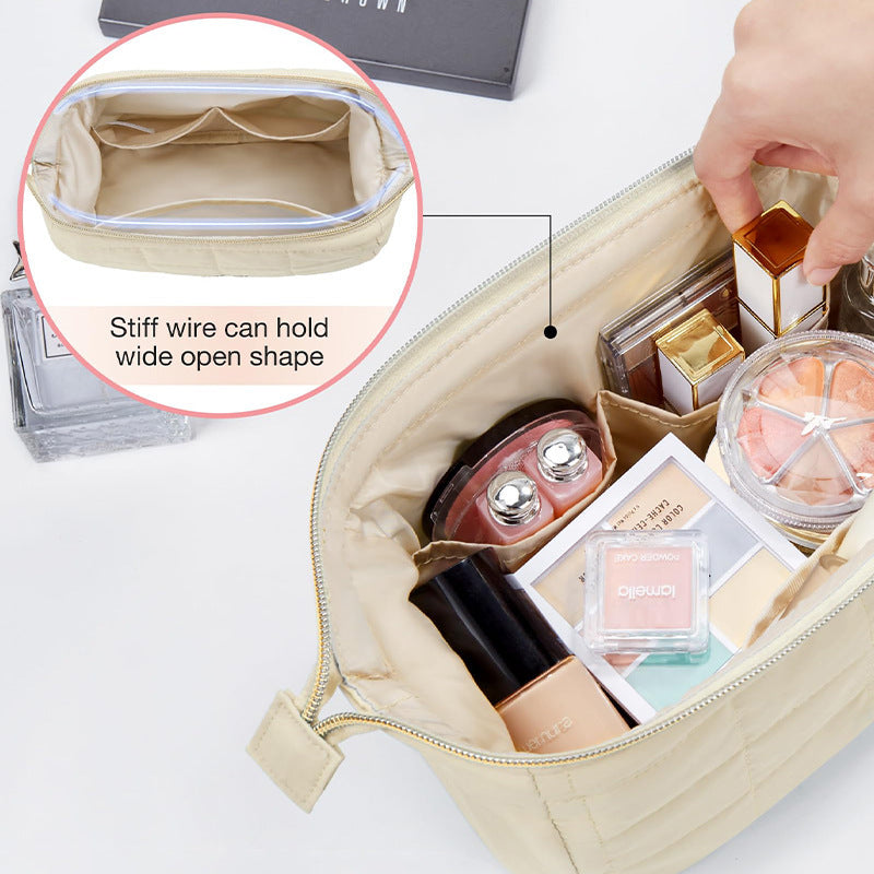 Black Chic Quilted Puffer Makeup Bag - Large Capacity Travel Cosmetic Organizer with Wide Opening
