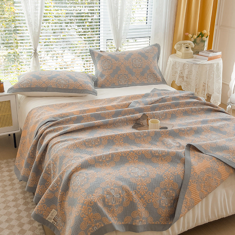 Grey and Orange Cotton Three-Layer Gauze Bed Cover Set - Reversible Vintage Printed Blanket with Two Pillowcases for Year-Round Use(200*230cm)