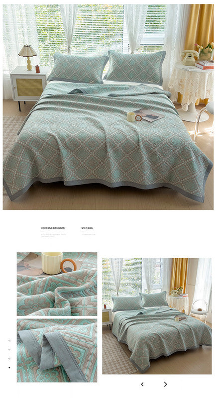 Grey and Green Cotton Three-Layer Gauze Bed Cover Set - Reversible Vintage Printed Blanket with Two Pillowcases for Year-Round Use(200*230cm)