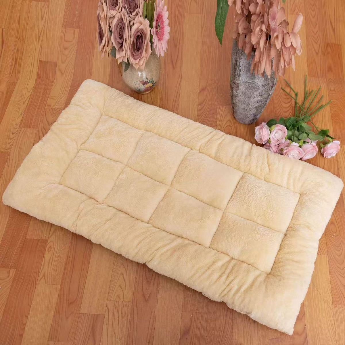 Superior Insulation Khaki Dual-Sided Pet Sleeping Mat(120X60CM) for Dogs & Cats - 3D Thickened Support & Durable Wavy Quilting, Reversible Lamb Velvet & Brushed Cotton Bed