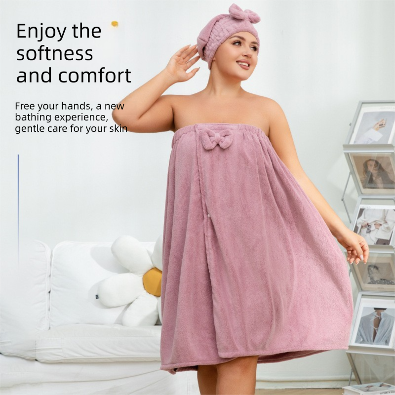 Blue Plus Size Bath Wrap Dress with Adjustable Elastic Waist and Bow Detail – Soft Absorbent Towel Robe for Post-Shower Comfort