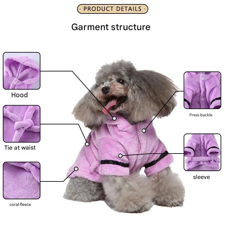 Grey Cozy Pet Bathrobe Sleepwear – Plush Fleece Dog Robe with Hood and Adjustable Waistband for Small to Medium Breeds(Size:L)