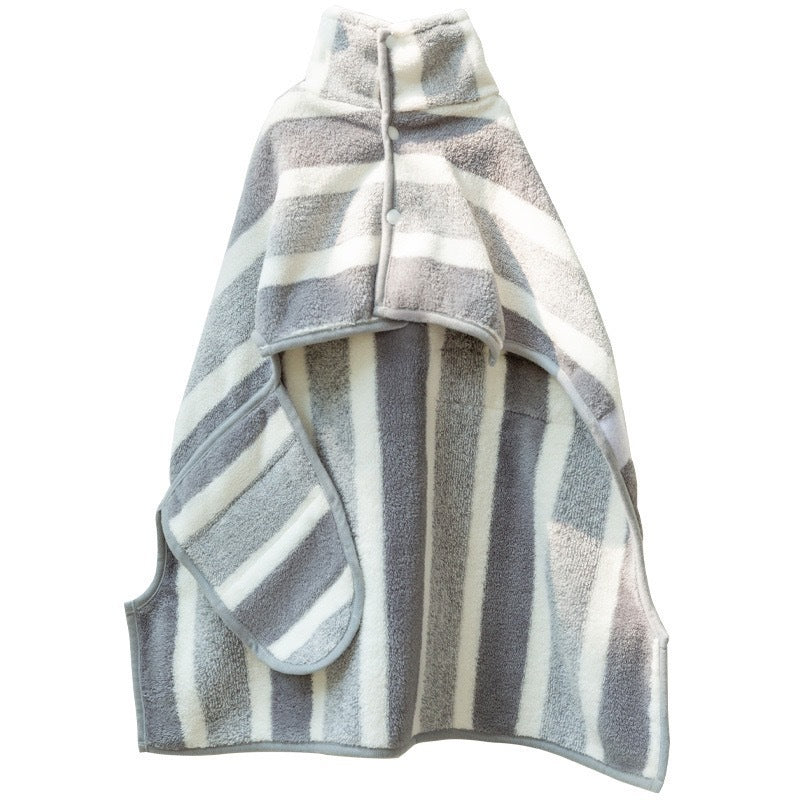 Grey Stripes Super Absorbent Pet Bathrobe with Waist Belt & Neck Snap - Full Coverage Quick-Drying Towel for Dogs & Cats (S Size)