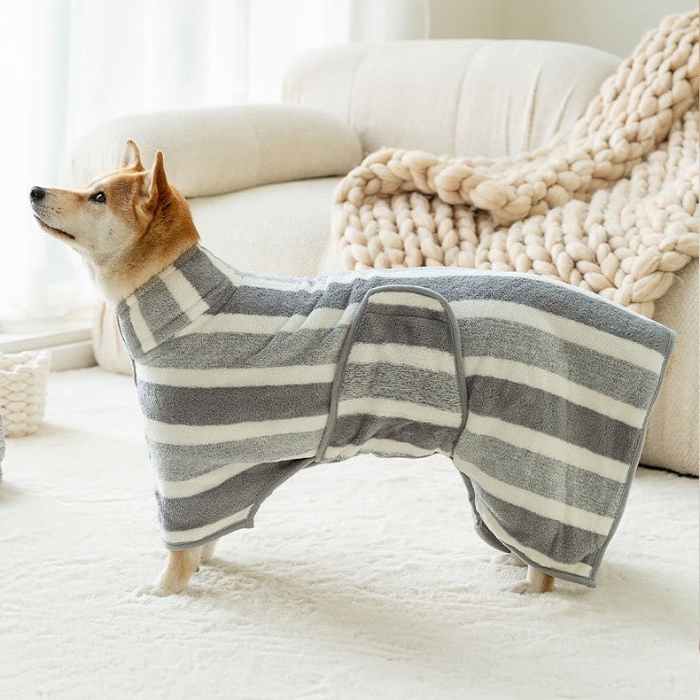 Red Stripes Super Absorbent Pet Bathrobe with Waist Belt & Neck Snap - Full Coverage Quick-Drying Towel for Dogs & Cats (XS Size)
