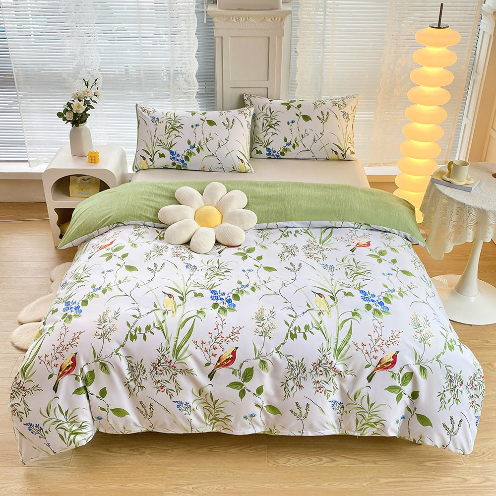 4-Piece Elegant Green Bouquet Printed Soft-Touch Brushed Bedding Set for 1.8M Bed: 200 x 230 CM Duvet Cover, 180 x 200 (+25) CM Deep Pocket Fitted Sheet & 2PC 50 x 75 CM Pillowcases