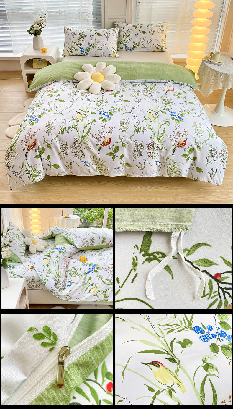 4-Piece Elegant Green Bouquet Printed Soft-Touch Brushed Bedding Set for 1.8M Bed: 200 x 230 CM Duvet Cover, 180 x 200 (+25) CM Deep Pocket Fitted Sheet & 2PC 50 x 75 CM Pillowcases