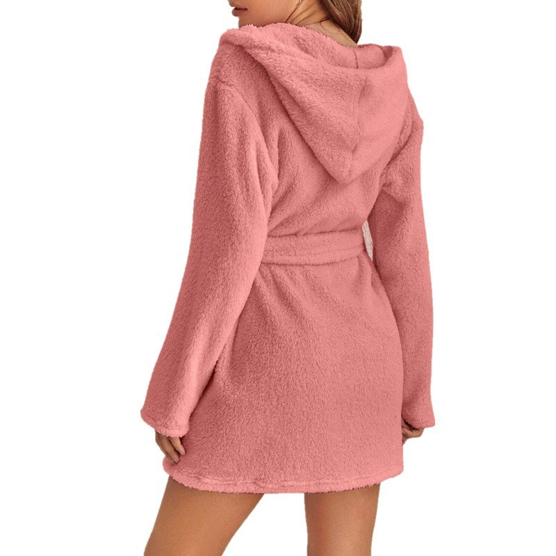 Pink M Size Women's Ultra-Thick Plush Robe with Large Hood & Pockets - Warm Winter Double-Layer Sherpa Fleece Lounge, Bathrobe & Nightwear