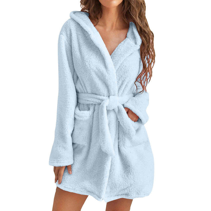 Blue 5XL Size Women's Ultra-Thick Plush Robe with Large Hood & Pockets - Warm Winter Double-Layer Sherpa Fleece Lounge, Bathrobe & Nightwear