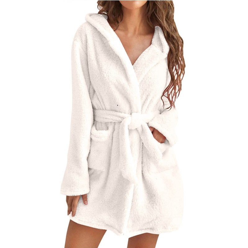 White M Size Women's Ultra-Thick Plush Robe with Large Hood & Pockets - Warm Winter Double-Layer Sherpa Fleece Lounge, Bathrobe & Nightwear