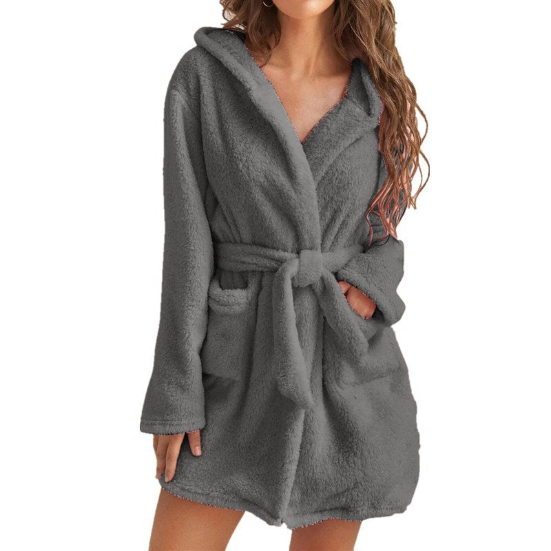 Dark Grey 2XL Size Women's Ultra-Thick Plush Robe with Large Hood & Pockets - Warm Winter Double-Layer Sherpa Fleece Lounge, Bathrobe & Nightwear