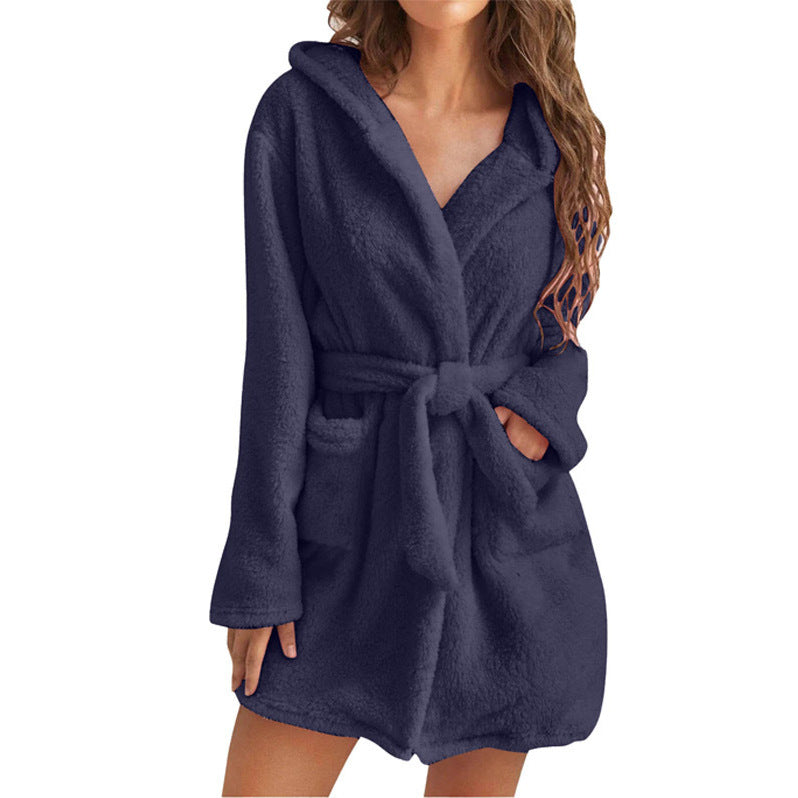 Dark Blue M Size Women's Ultra-Thick Plush Robe with Large Hood & Pockets - Warm Winter Double-Layer Sherpa Fleece Lounge, Bathrobe & Nightwear