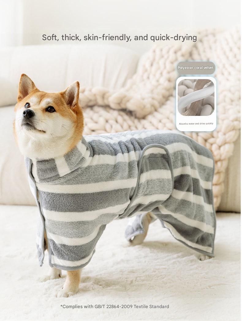 Grey and White S Size Super Absorbent Dog Bathrobe – Quick-Dry Coral Fleece Pet Towel with Snaps & Adjustable Belly Strap | Wearable Drying Coat for Small Medium Large Dogs & Cats After Bath, Swim, Rain