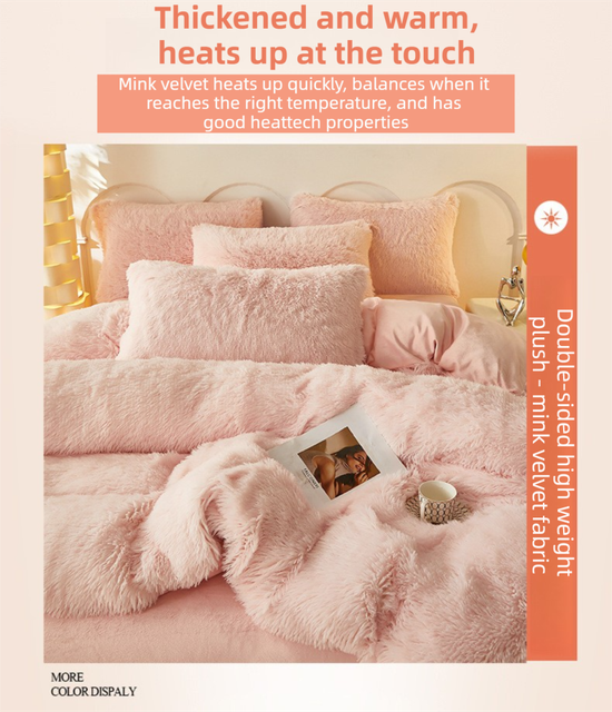 Pink Luxury Thick Plush 4 Piece Bedding Set for 1.5m & 1.8m Beds – Winter Ultra Soft Warm Bedding with Double-Sided Faux Mink Fur & Crystal Velvet, includes 200 x 230CM Quilt Cover, 230 X 250cm Flat Sheet and 2PCS 48 × 74CM Pillowcases