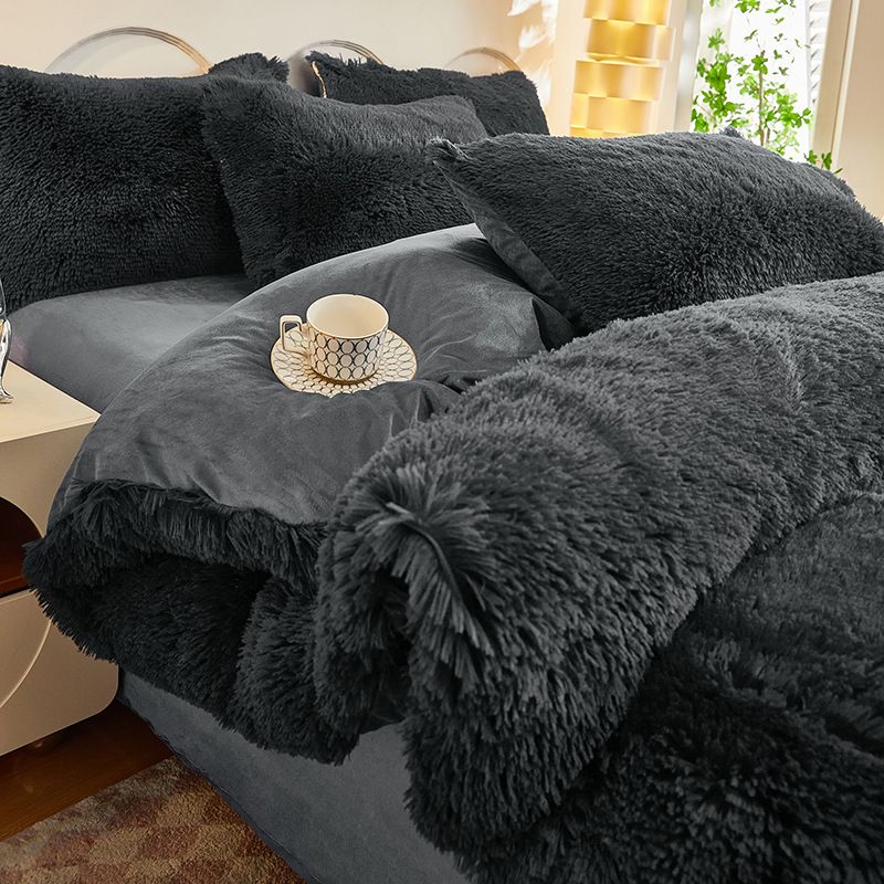Dark Grey Luxury Thick Plush 4 Piece Bedding Set for 1.5m & 1.8m Beds – Winter Ultra Soft Warm Bedding with Double-Sided Faux Mink Fur & Crystal Velvet, includes 200 x 230CM Quilt Cover, 230 X 250cm Flat Sheet and 2PCS 48 × 74CM Pillowcases
