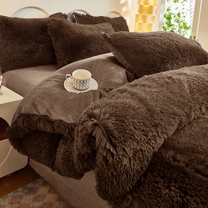 Coffee Luxury Thick Plush 4 Piece Bedding Set for 1.5m & 1.8m Beds – Winter Ultra Soft Warm Bedding with Double-Sided Faux Mink Fur & Crystal Velvet, includes 200 x 230CM Quilt Cover, 230 X 250cm Flat Sheet and 2PCS 48 × 74CM Pillowcases