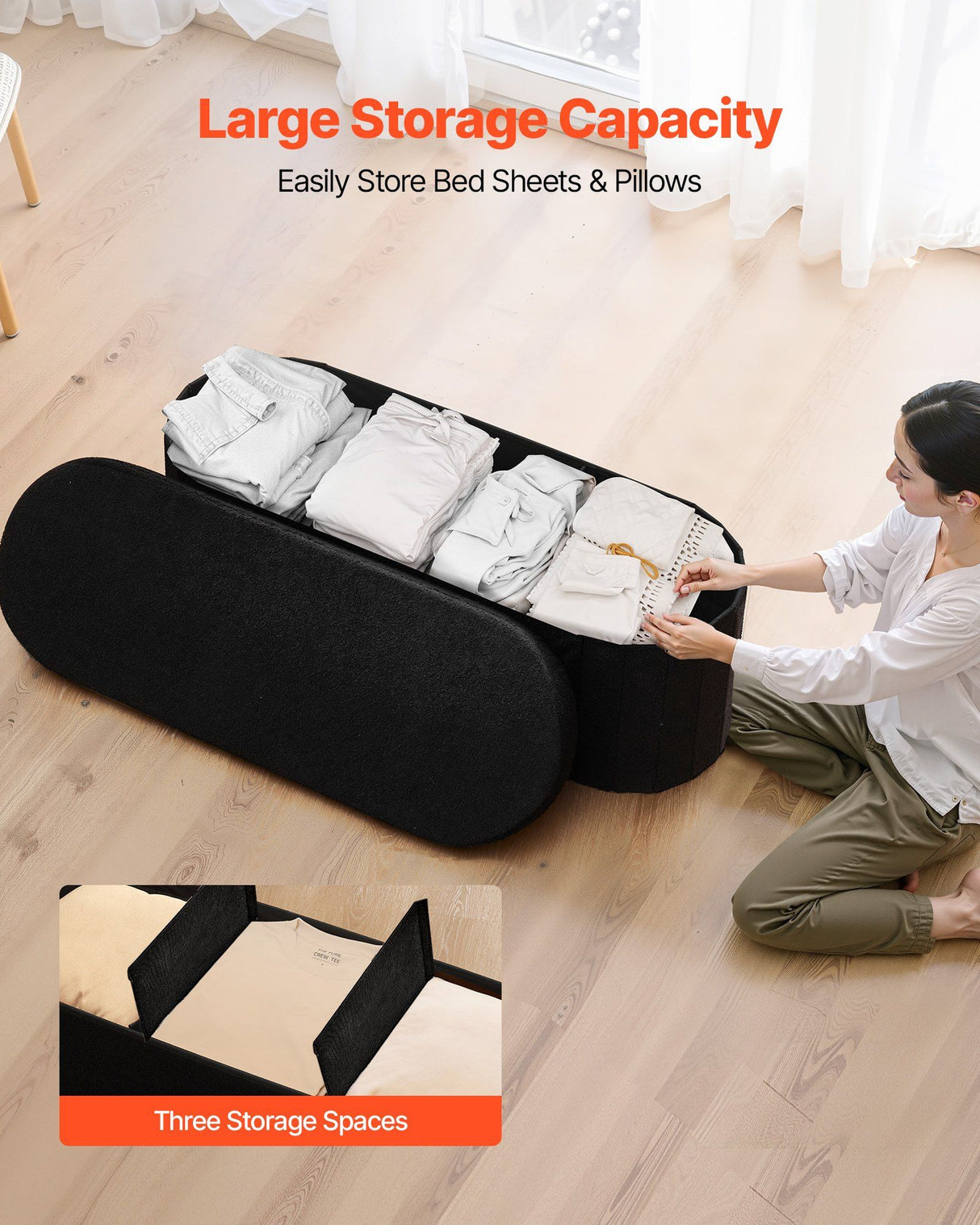 Oval Storage Ottoman Bench, Foldable Teddy Fleece End of Bed Bench, Folding Upholstered Bed Ottoman Chest with Large Storage Space, Supports 660 lbs, for Living Room, Bedroom, Entryway, Black