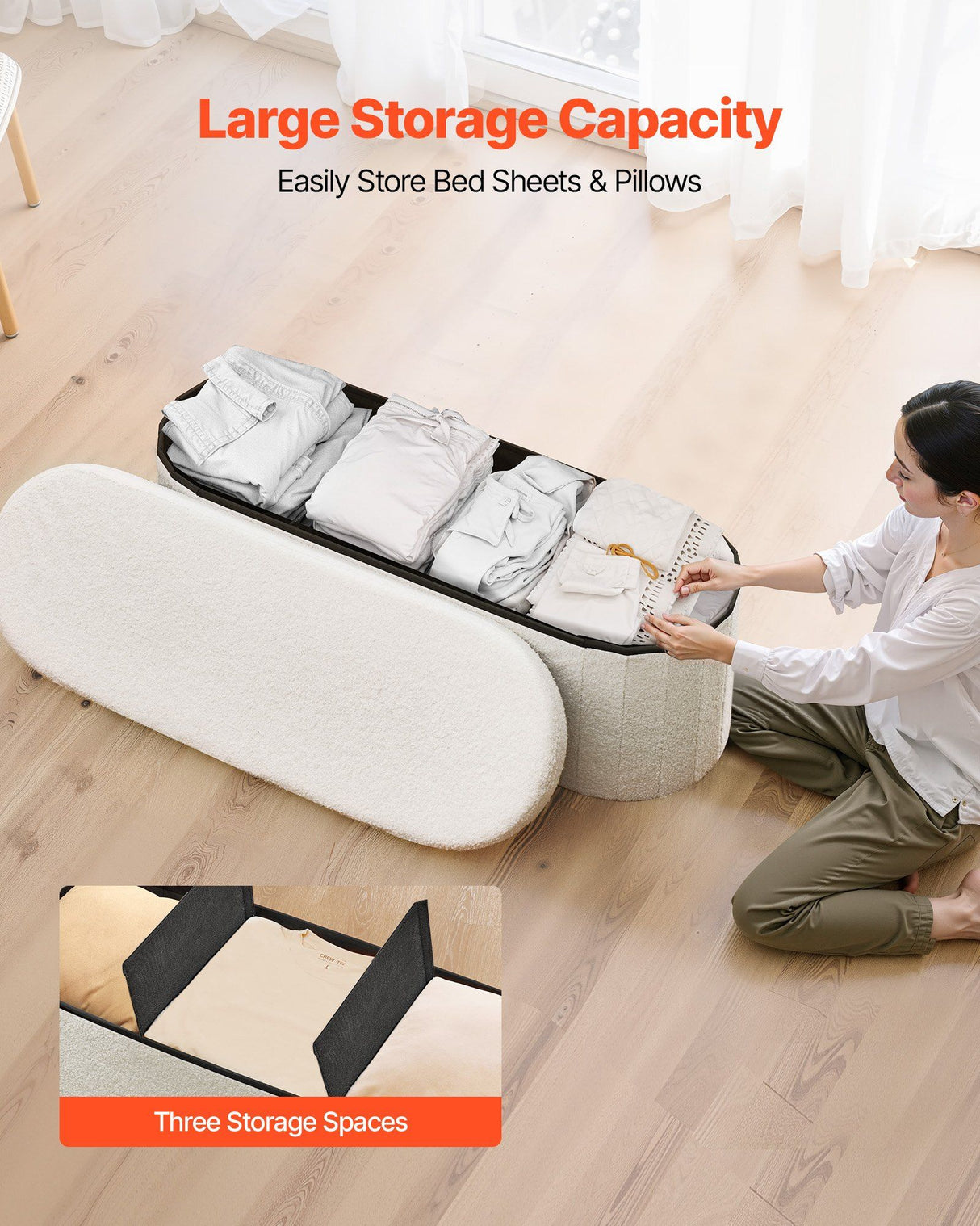 Oval Storage Ottoman Bench, Foldable Teddy Fleece End of Bed Bench, Folding Upholstered Bed Ottoman Chest with Large Storage Space, Supports 660 lbs, for Living Room, Bedroom, Entryway, Beige