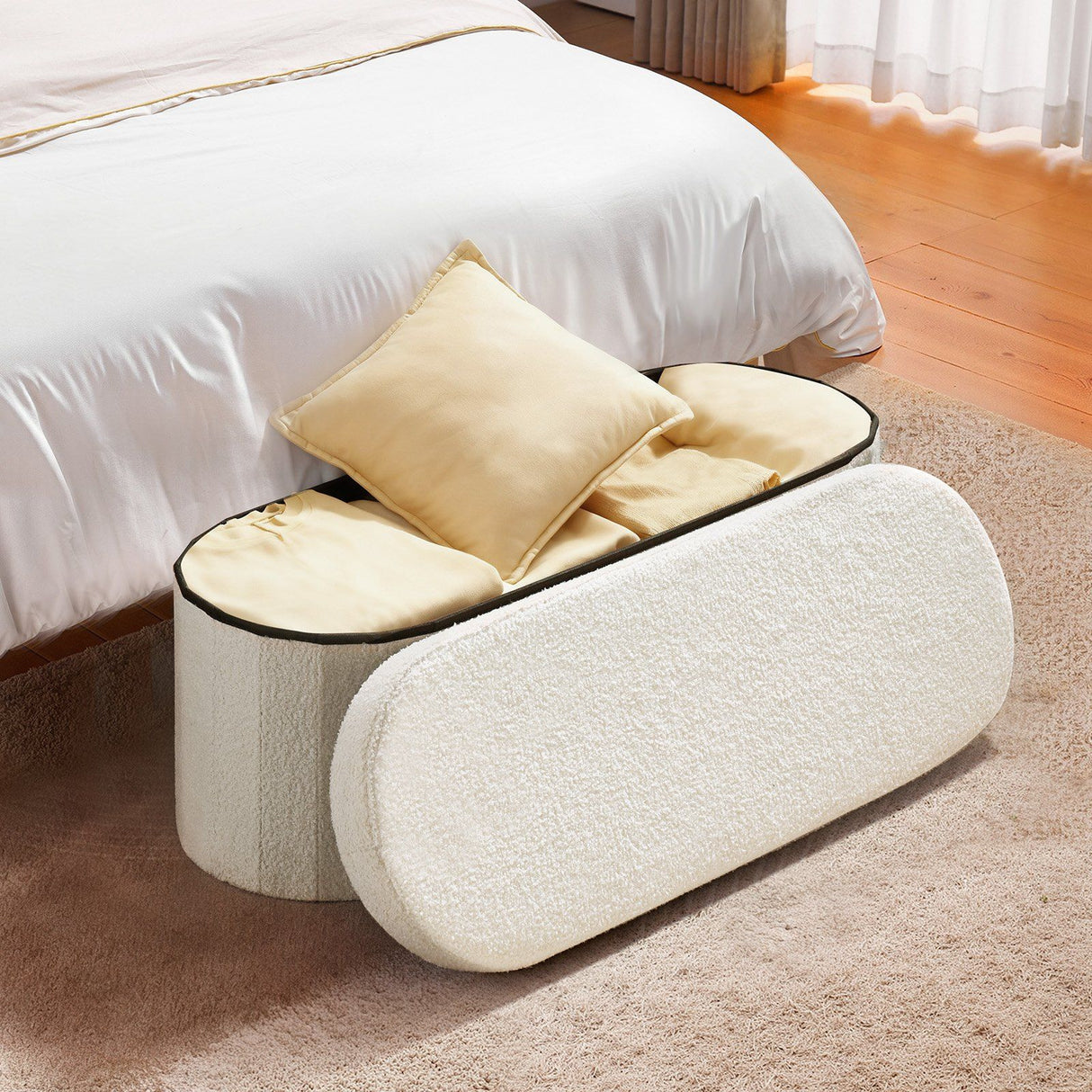 Oval Storage Ottoman Bench, Foldable Teddy Fleece End of Bed Bench, Folding Upholstered Bed Ottoman Chest with Large Storage Space, Supports 660 lbs, for Living Room, Bedroom, Entryway, Beige
