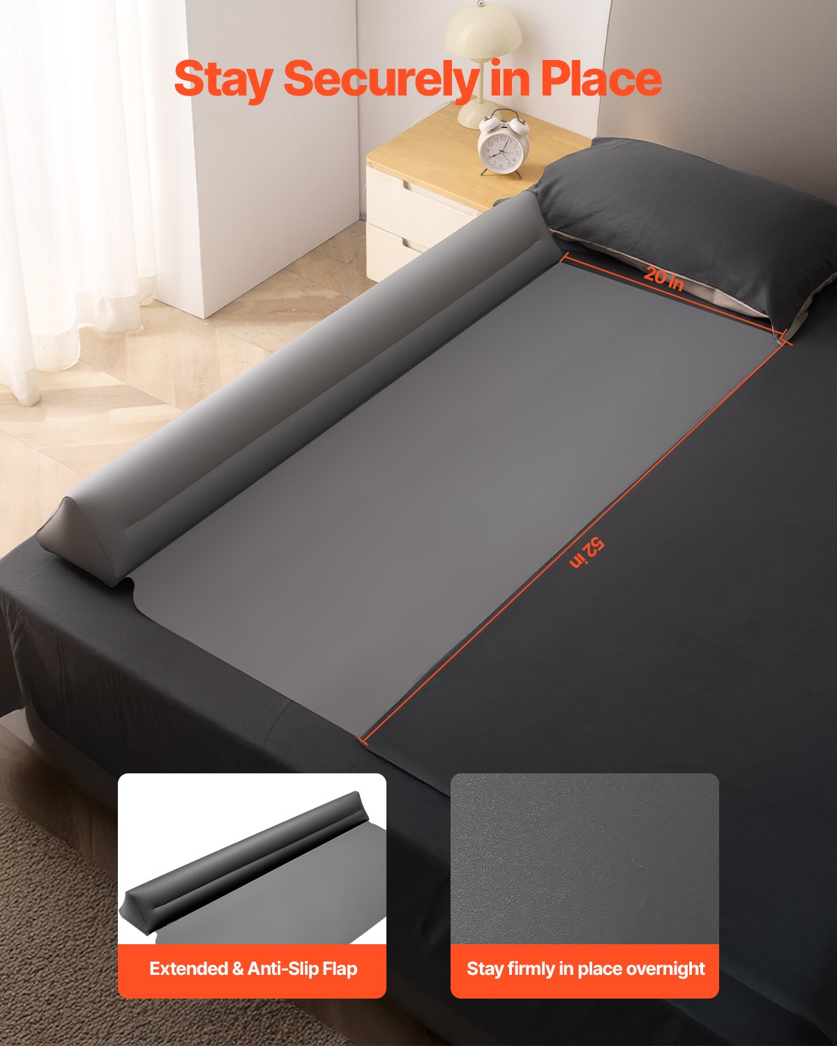 Bed Bumper for Toddlers, 52-inch Inflatable Bed Guard Rail with Safety Flap, Non-Slip TPU Toddler Bedrail Bumper for Twin, Full, Queen King Beds, Lightweight & Portable for Home Travel (2 Packs)