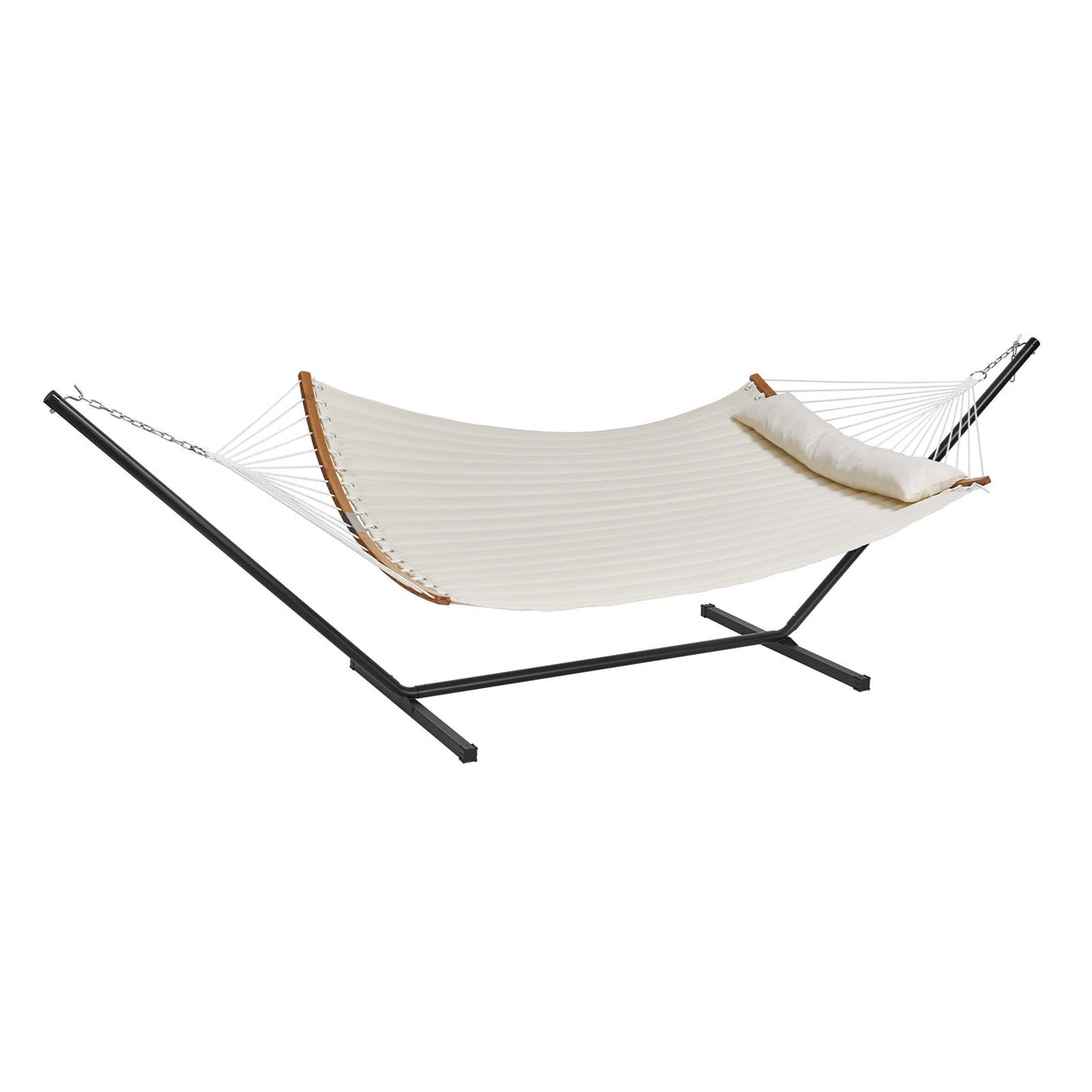 Two Person Hammock with Stand Included, Double Hammock with Curved Spreader Bar and Detachable Pillow and Portable Carrying Bag, Perfect for Outdoor Freestanding Hammock, 480lb Capacity