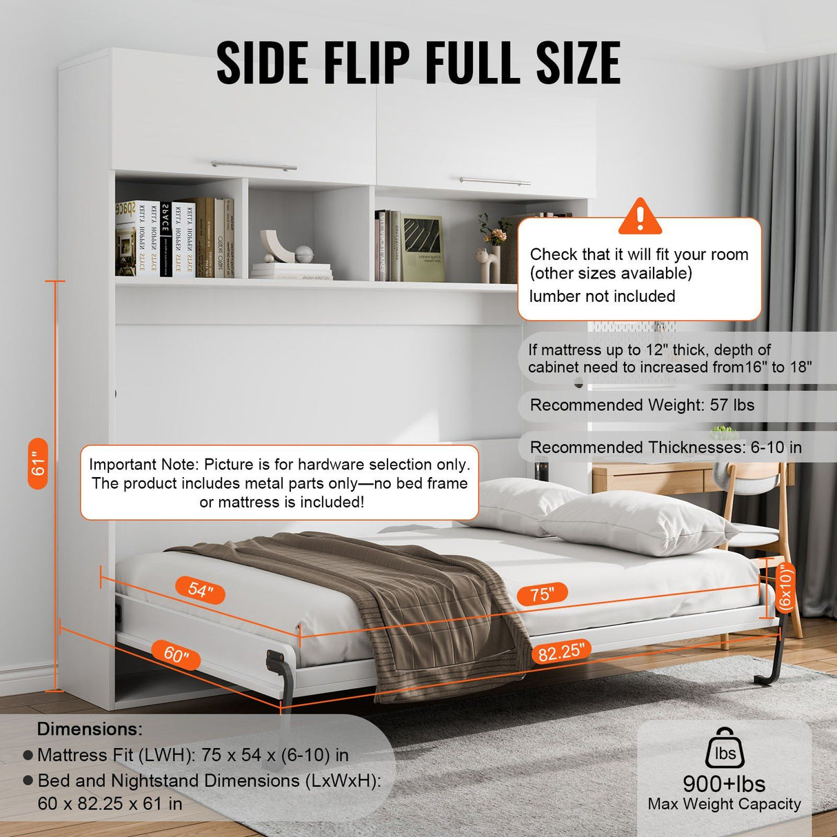 Murphy Bed Kit, Queen Size, Deluxe DIY Wall Bed Mechanical Hardware Kit, Pneumatic Lever Heavy Duty Bed Frame Support, Folding Cabinet Wall Bed Space Saving Design for Guestroom, Easy to Build