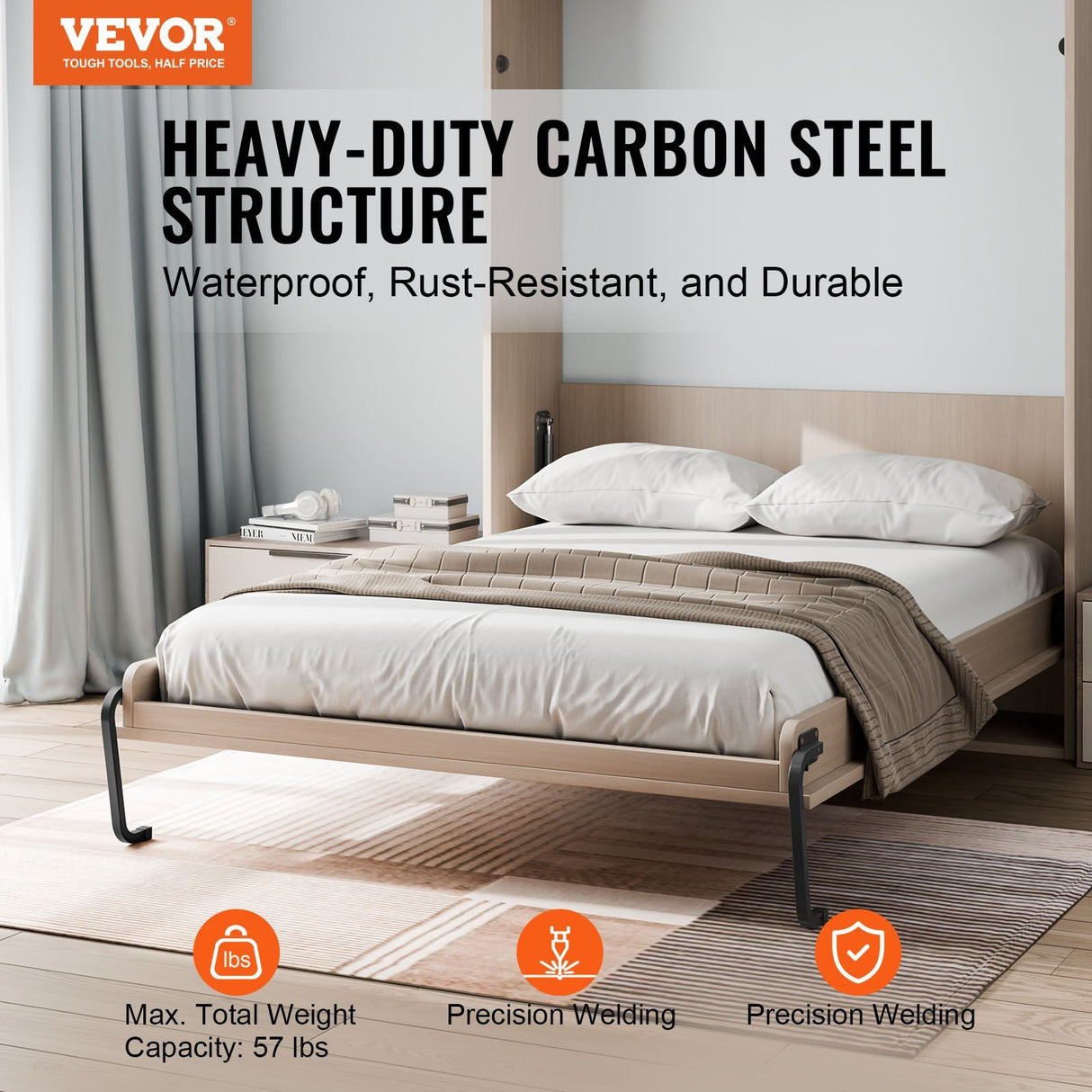 Murphy Bed Kit, Full Size, Vertical Deluxe DIY Wall Bed Mechanical Hardware Kit, Pneumatic Lever Heavy Duty Bed Frame Support, Folding Cabinet Wall Bed Space Saving Design for Guestroom