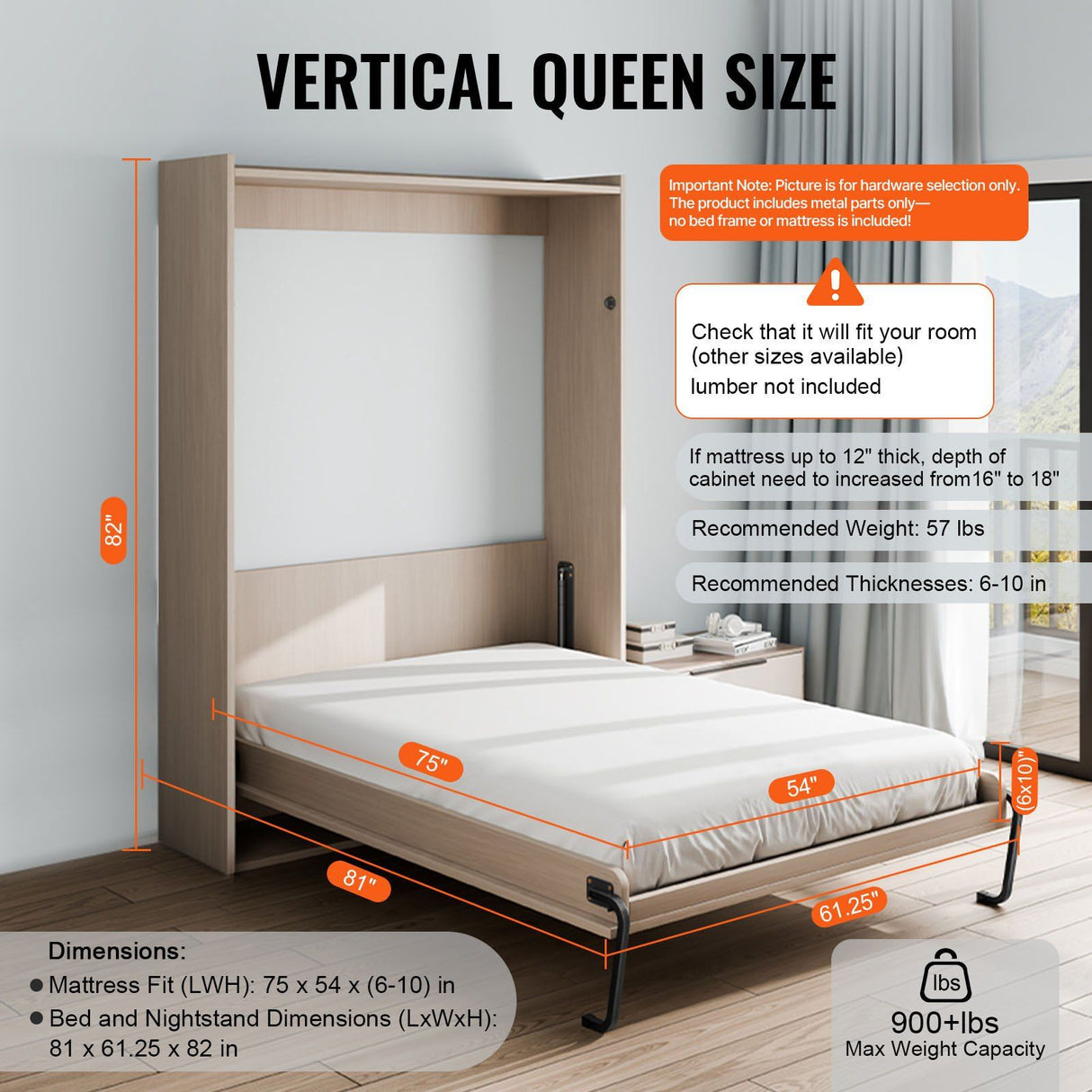 Murphy Bed Kit, Full Size, Vertical Deluxe DIY Wall Bed Mechanical Hardware Kit, Pneumatic Lever Heavy Duty Bed Frame Support, Folding Cabinet Wall Bed Space Saving Design for Guestroom