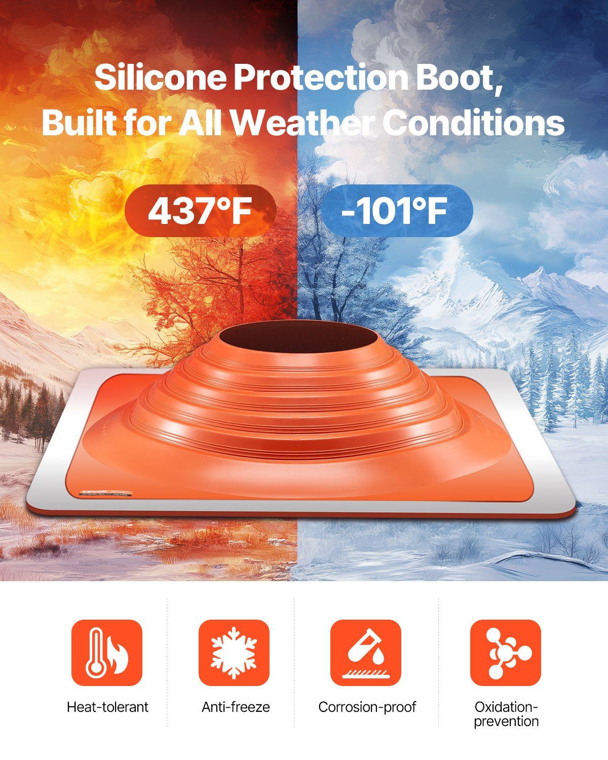 Roof Pipe Flashing Boot, Fit Pipe OD 254 to 457 mm, Flexible Silicone Roofing Jack Pipe Flashing, High Temp -74℃ to 225℃, Lasting Square Metal Base, for Chimney, Wood Stove & Outdoor Vent Pipes