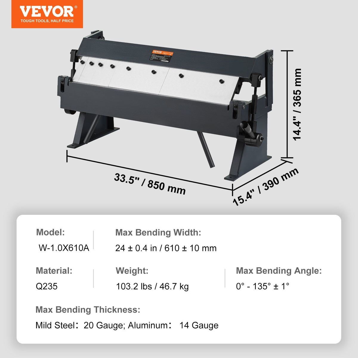 Box and Pan Brake, 610 ± 10 mm, 0-130 Degrees Sheet Metal Bending Brake, Portable Metal Bender with 20 Gauge Low Carbon Steel 14 Gauge Aluminum Capacity, 5 Adjustable Fingers for Metal Bending