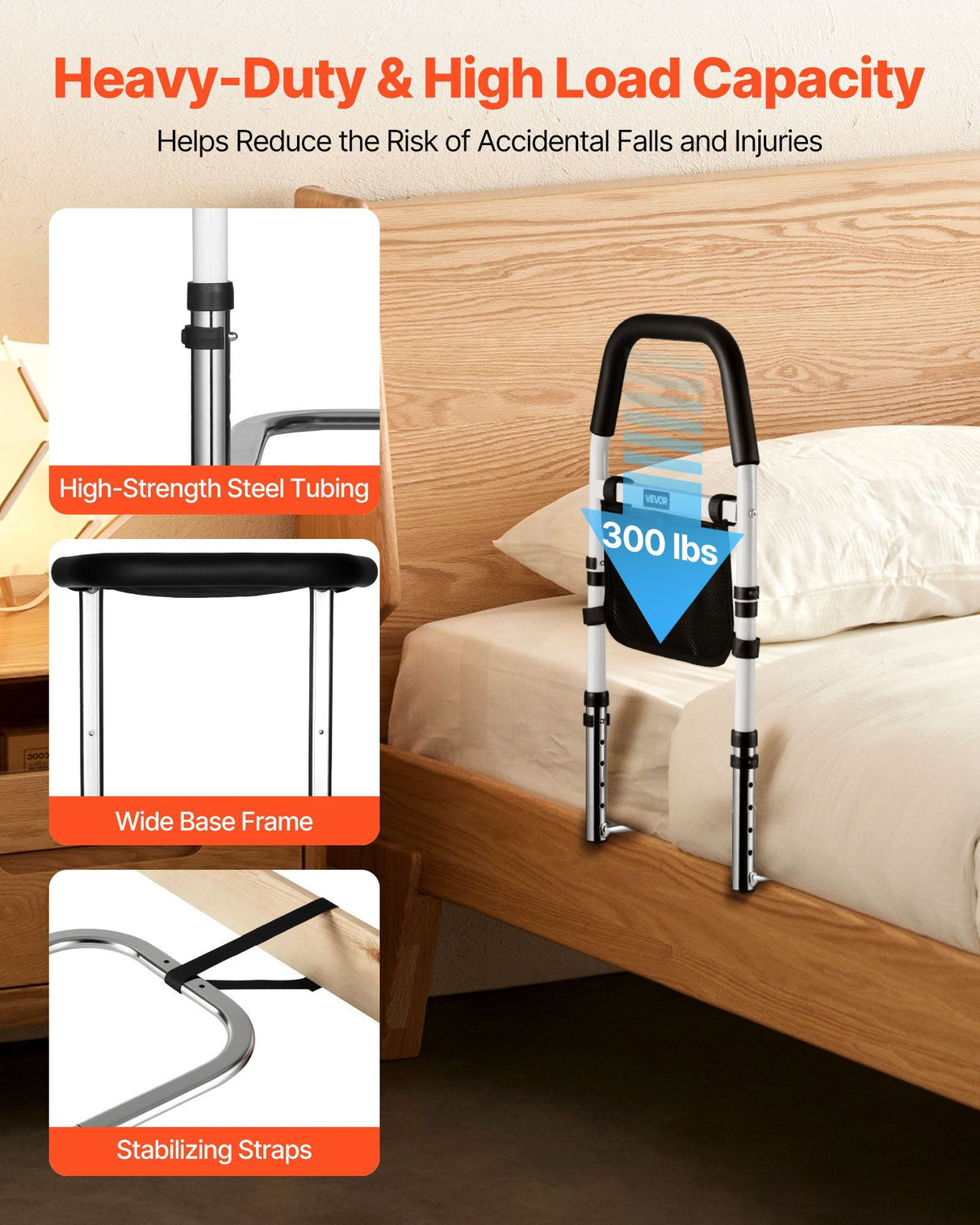 Bed Rail for Elderly, Bedside Assist Rails with PU Handrail, Adjustable Height Pipe Bedside Cane, High-Strength Carbon Steel Bed Bars for Seniors & Patients, Fits King, Queen, Full, Twin