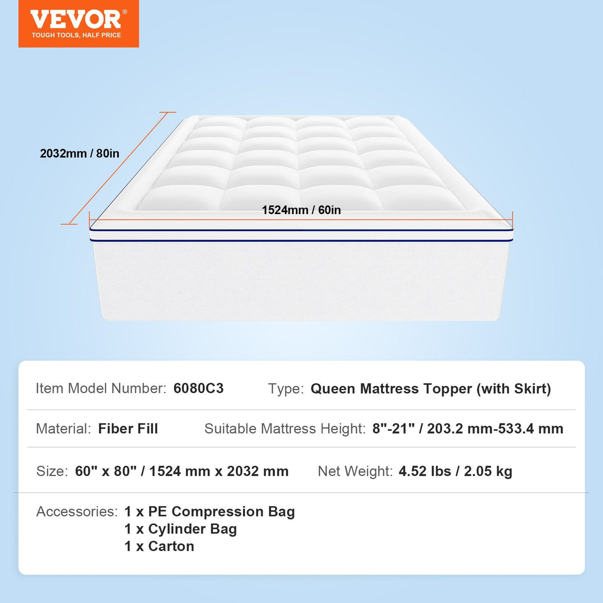 Mattress Topper, Queen Size, 25.4 mm Thickness, Fiber Fill Pad with Detachable & Washable, Comfortable, Supportive, Cooling, Breathable, with Detachable Bedside Pocket for Holding Small Items