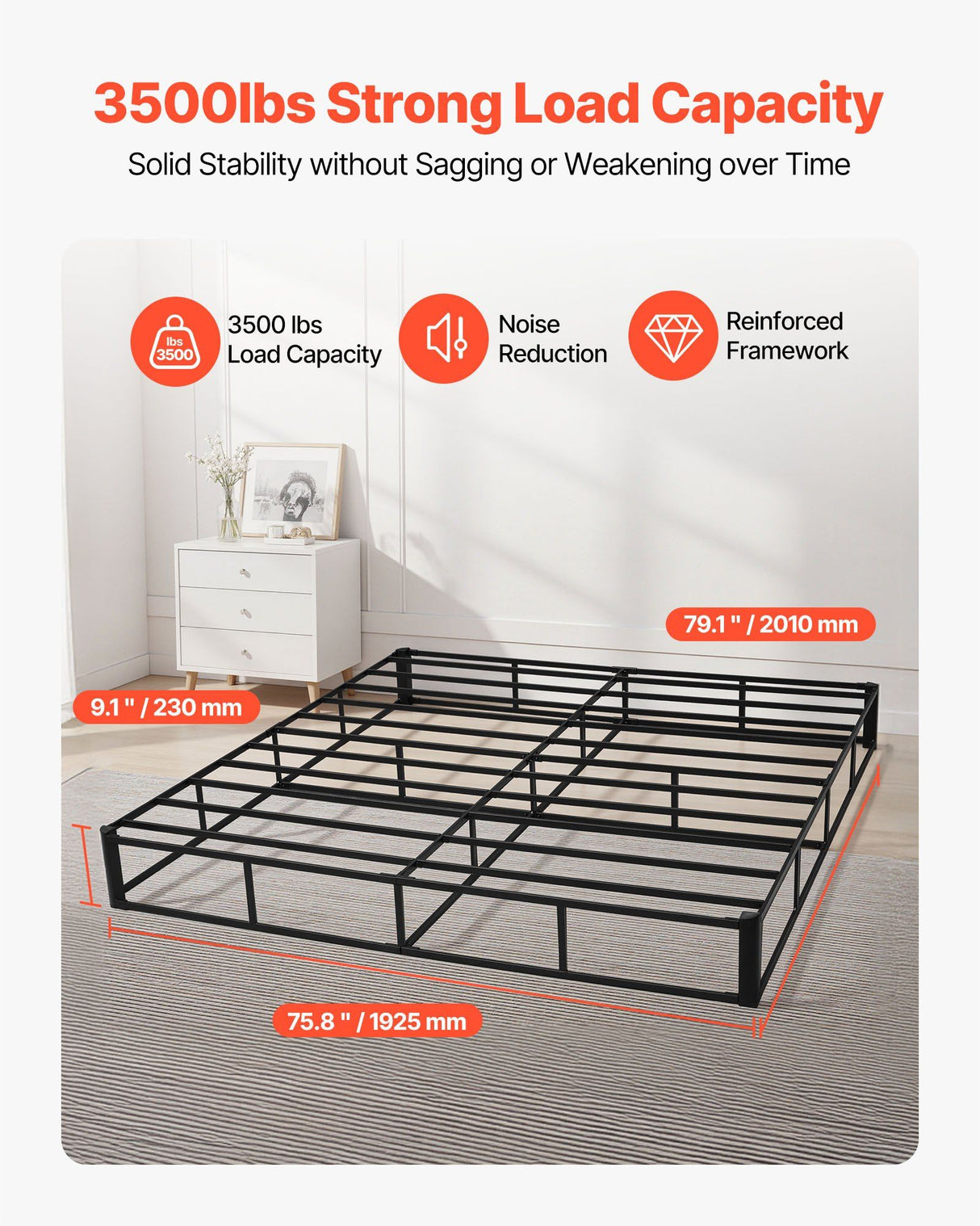 Box Spring, King Size Bed Frame with Washable Fabric Cloth, Heavy Duty Metal Frame for King Bed, 230 mm Mattress Foundation, 1587.57 kg Max Weight Capacity, Easy Assembly, 2010 x 1925 x 230 mm