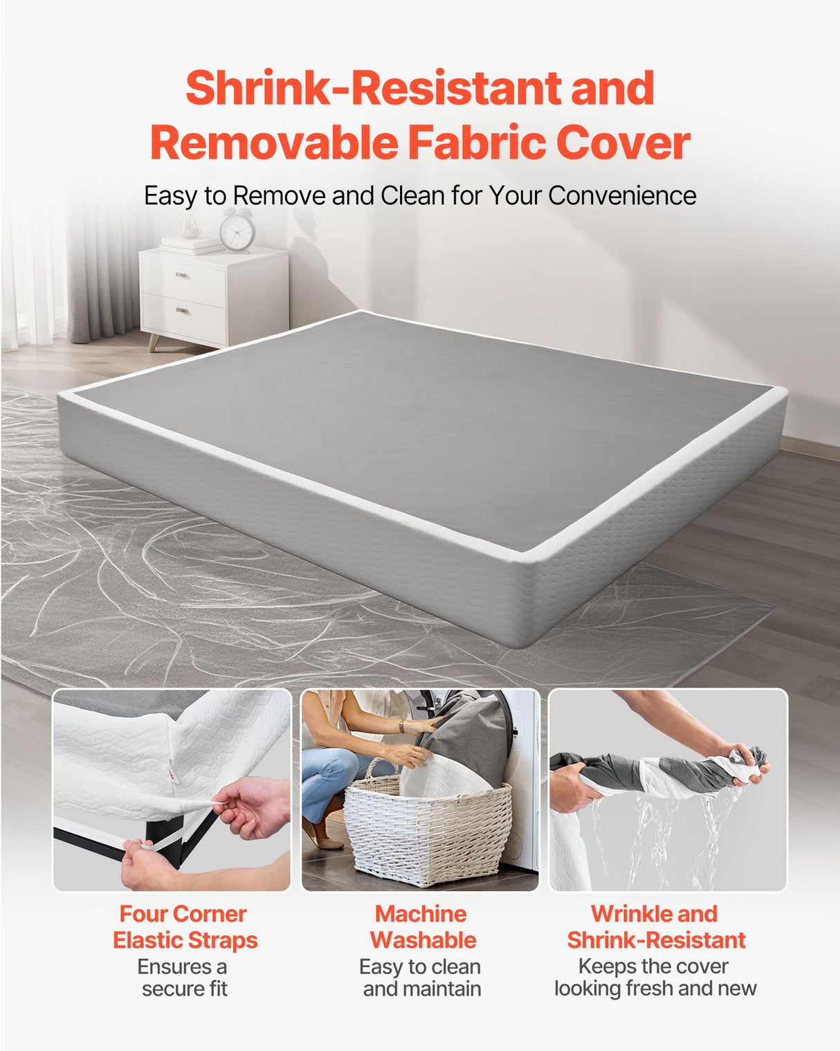Box Spring, King Size Bed Frame with Washable Fabric Cloth, Heavy Duty Metal Frame for King Bed, 230 mm Mattress Foundation, 1587.57 kg Max Weight Capacity, Easy Assembly, 2010 x 1925 x 230 mm