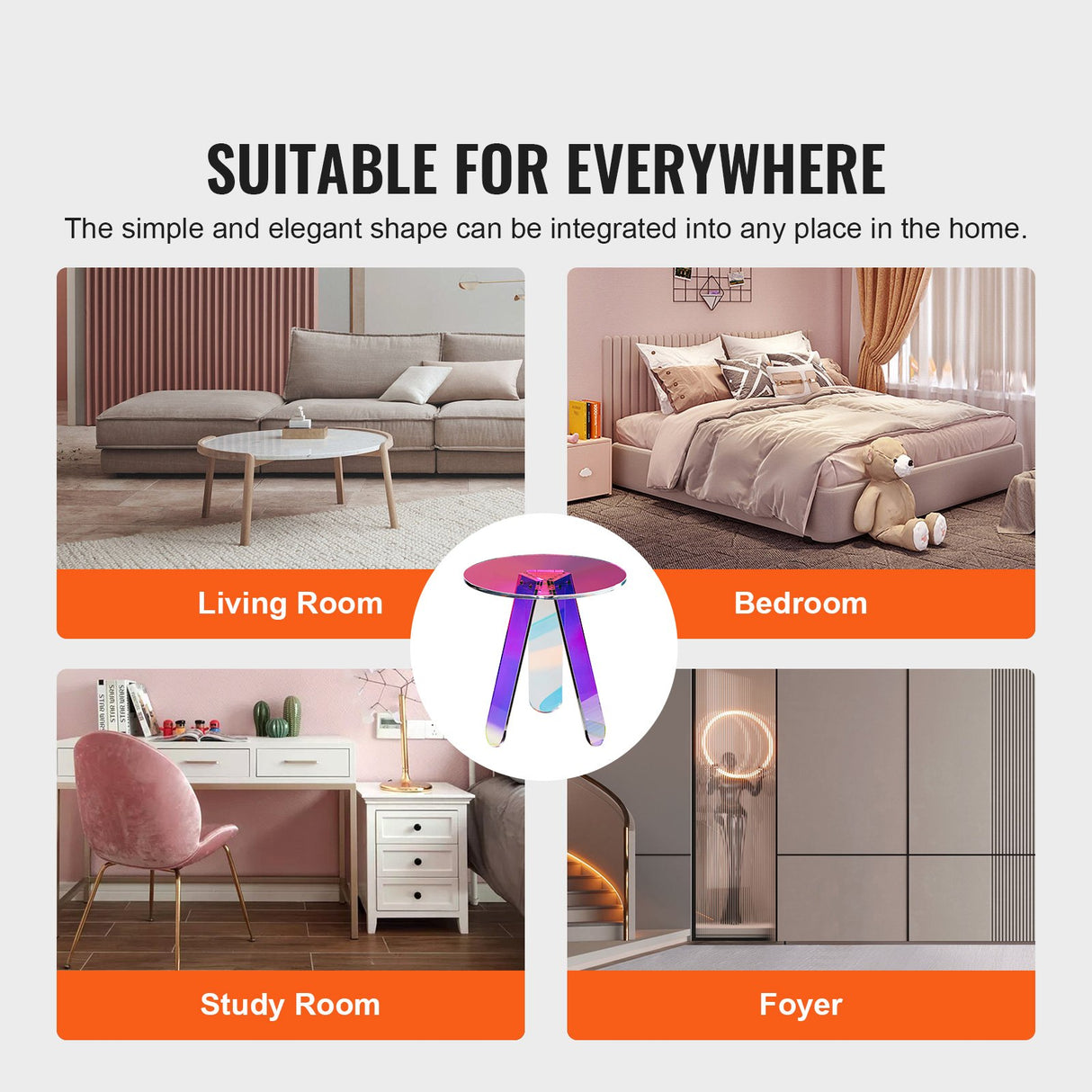 VEVOR Round Iridescent Side Table, Acrylic End Table, Clear Rainbow Acrylic Coffee Table for Drink, Food, Snack used in Living Room, Bedroom, and Study