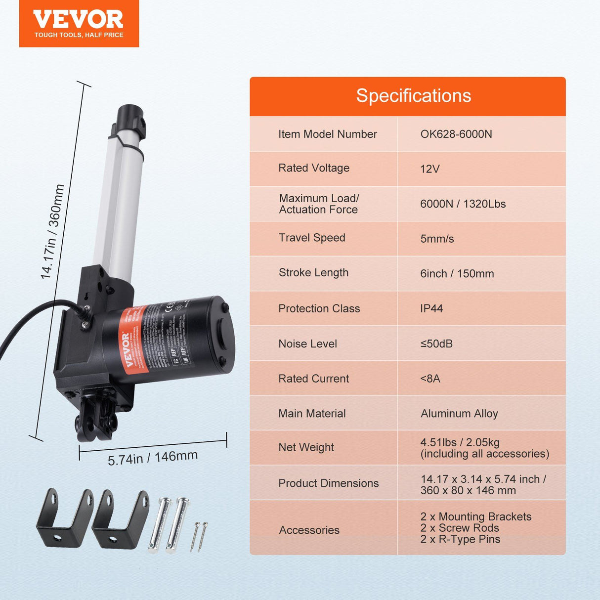 Linear Actuator 12V, 6 Inch Heavy Duty 1320lbs/6000N Linear Actuator, 0.19"/s Linear Motion Actuator with Mounting Bracket & IP44 Protection for Electric Door Industrial Machinery Vessels Cargo