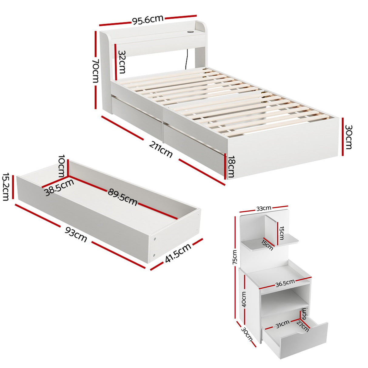 Artiss Single Bed Frame with Charging Ports and Bedside Table