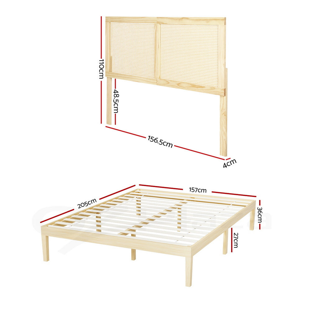 Artiss Bed Frame Queen Size with Rattan Headboard Wooden Bed Base BRUNO