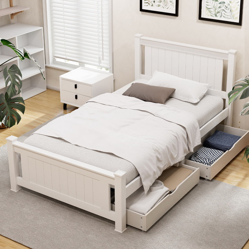 Artiss Bed Frame King Single Size Wooden Platform with 2 Storage Drawers White RIO