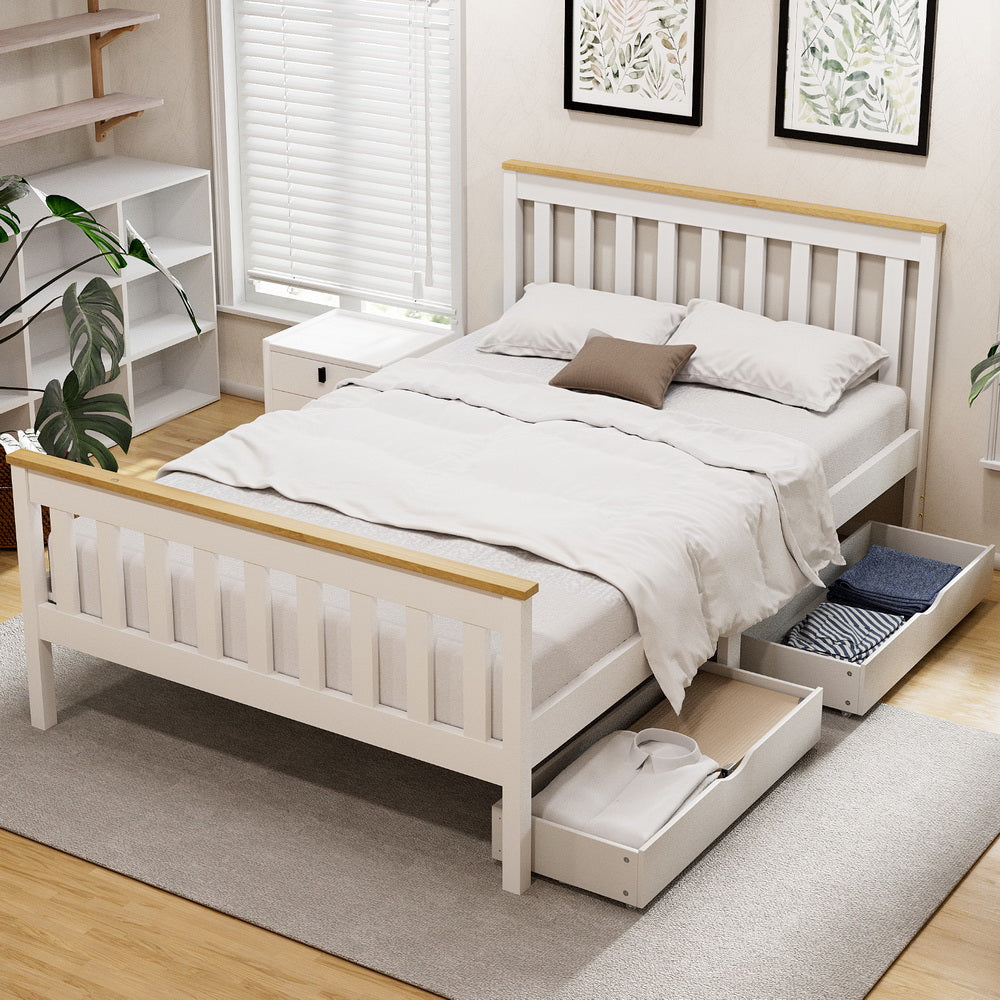 Artiss Bed Frame Double Size Wooden Platform with 2 Storage Drawers White PONY