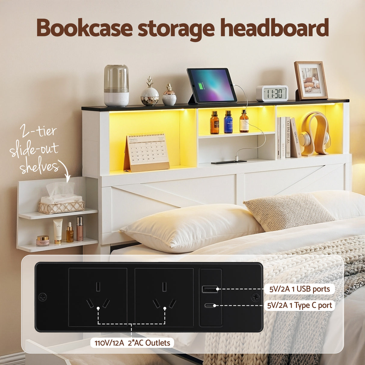 Artiss Double Bed Frame with Storage Drawers White Platform Bedframe with Bookcase Headboard Charging Station Led Light