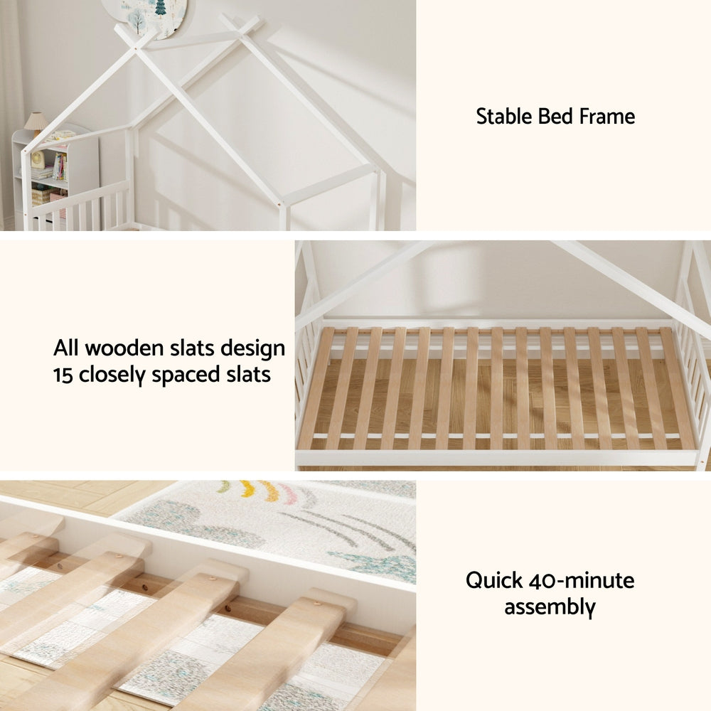 Artiss Bed Frame Wooden Base Kids Single Timber House with 2 Storage Drawers Beds White