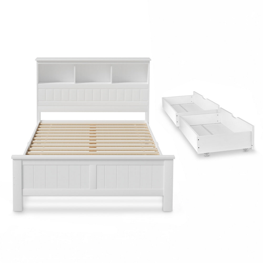 Artiss Bed Frame Double Size Wooden with 3 Shelves Bed Head White