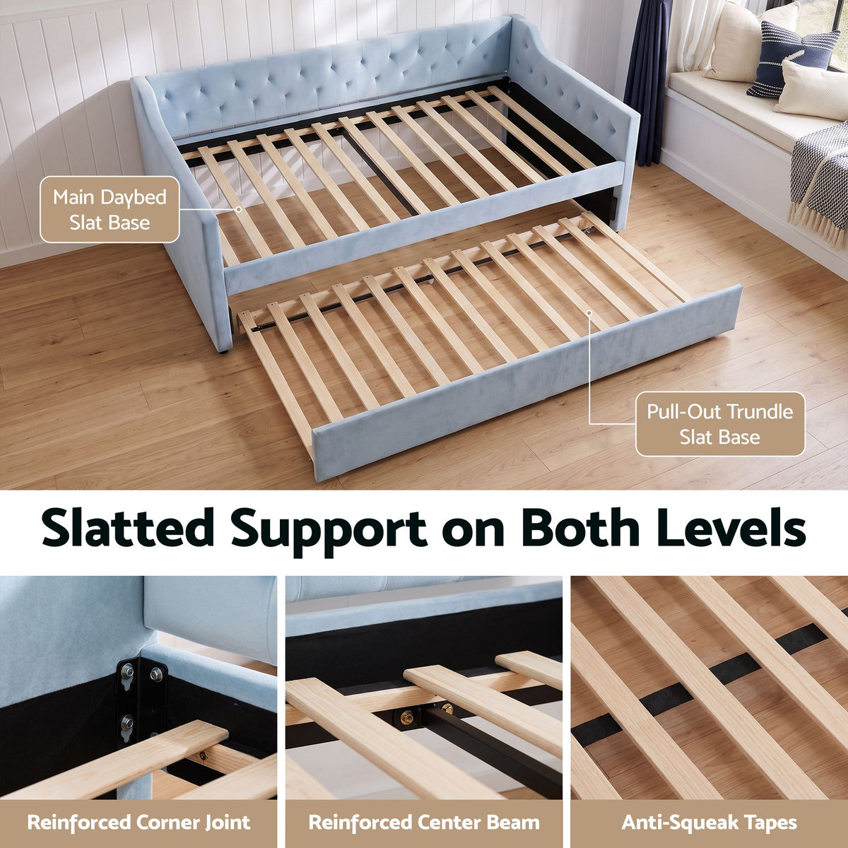 Artiss King Single Buttonless Tufted Daybed with Pull-Out Trundle, Light Blue