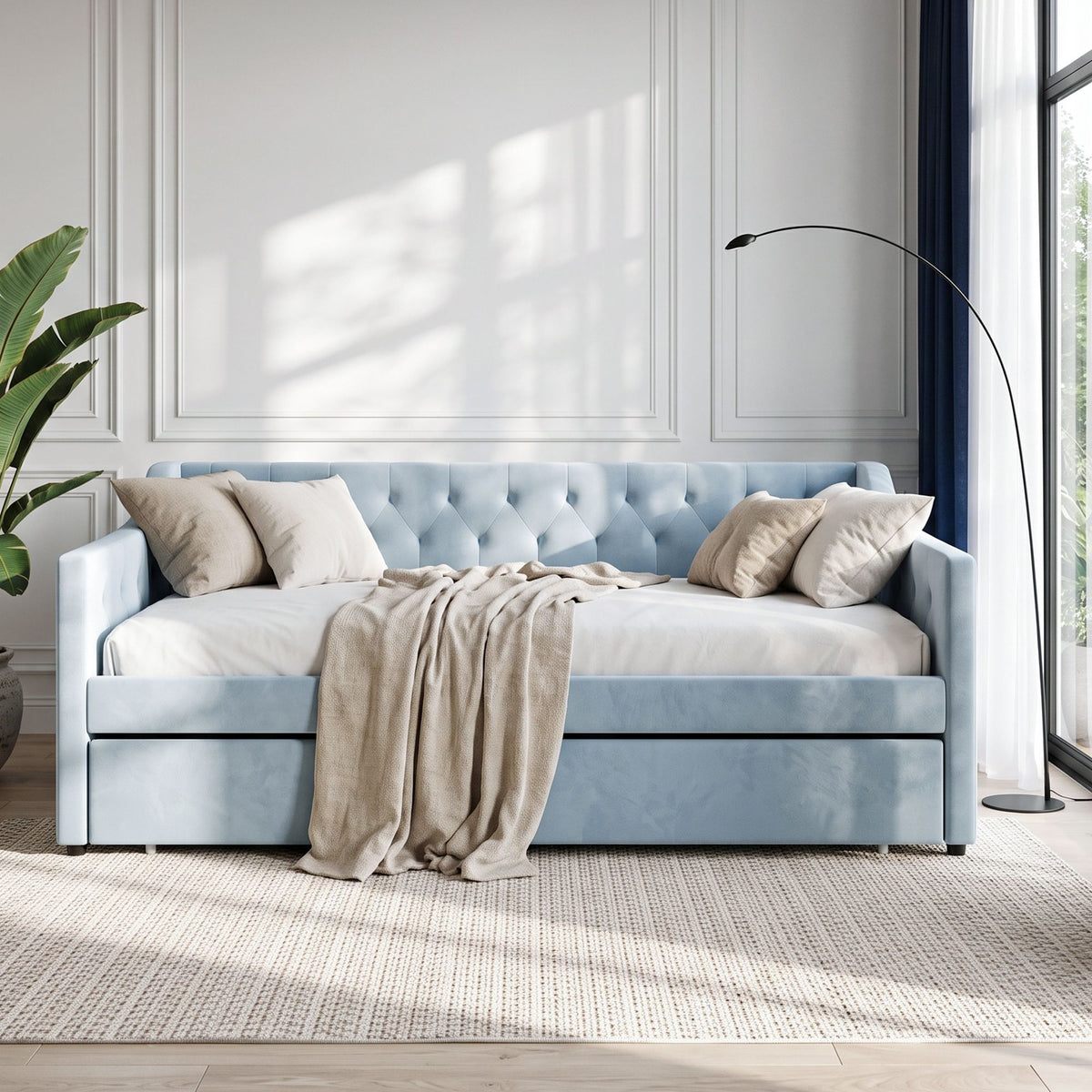 Artiss King Single Buttonless Tufted Daybed with Pull-Out Trundle, Light Blue