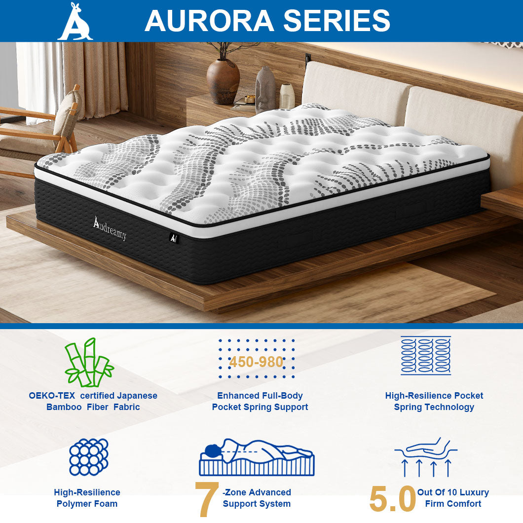 Audreamy Aurora Mattress – 34cm Ergonomic 4D Spa-Like Plush Soft Euro Top Bamboo Fiber Fabric 7-Zone Pocket Spring Medium