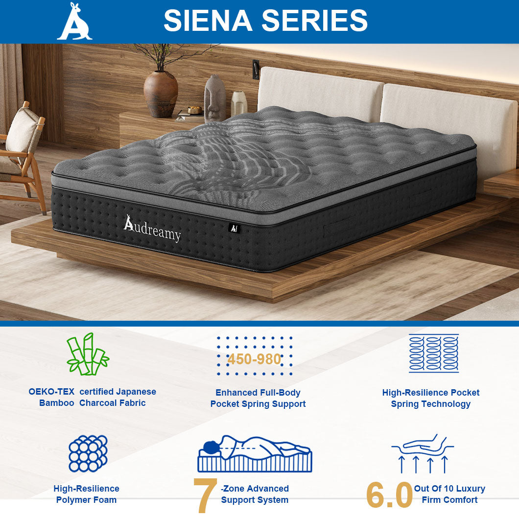 Audreamy Siena Mattress – 35cm Plush Euro Top Bamboo Charcoal Fabric 7-Zone Pocket Spring Medium Firm