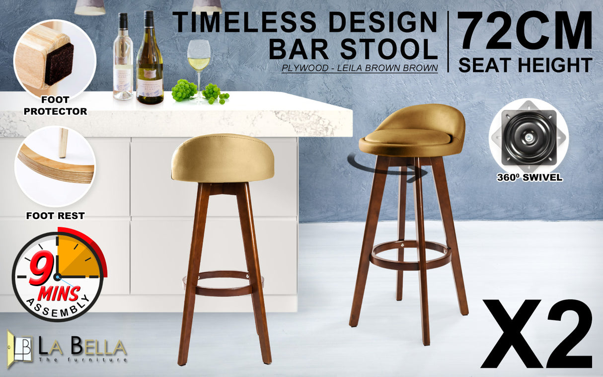 La Bella 2 Set 72cm Coffee Brown Wooden Bar Stool Leila Leather